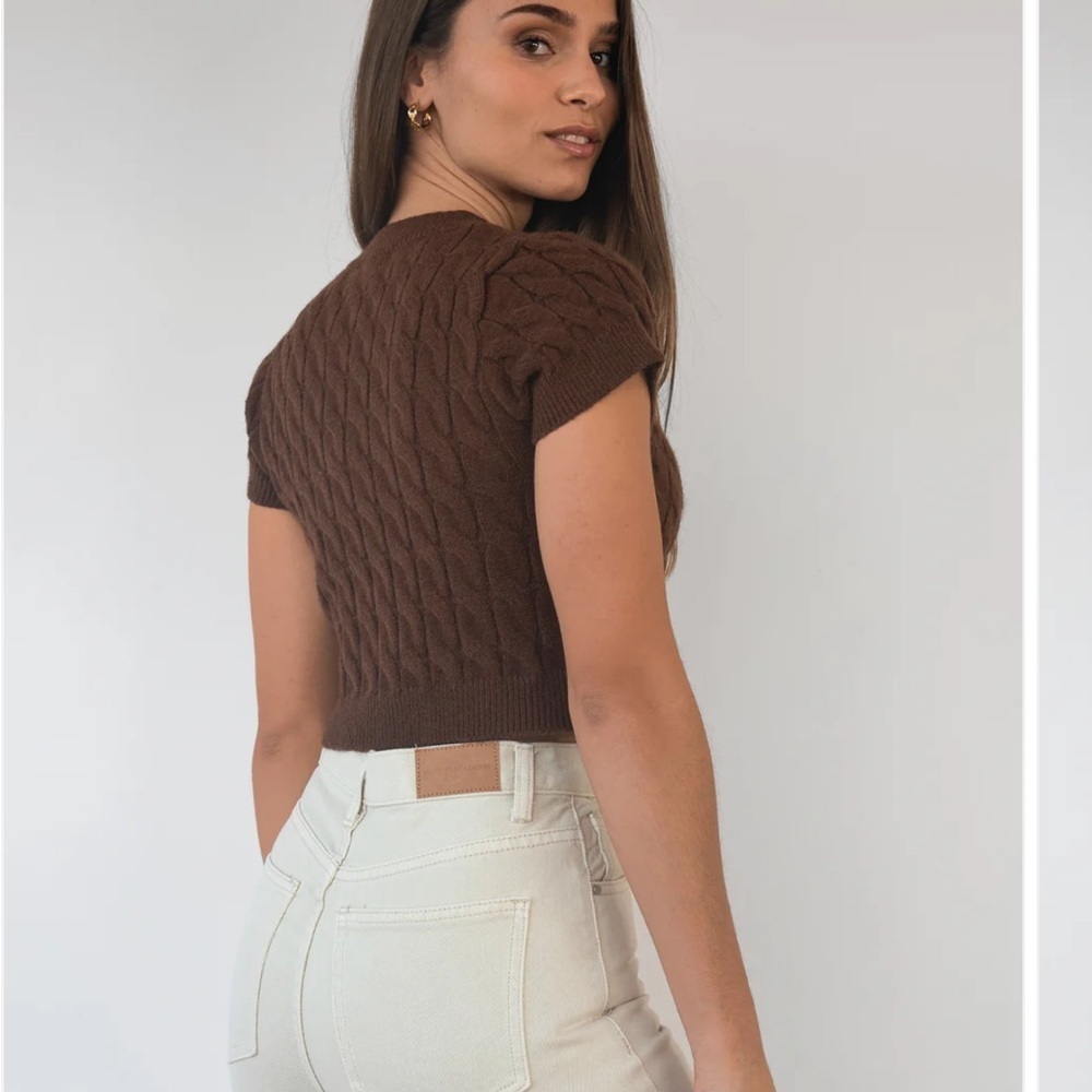 Ann Taylor LOFT mocha brown cable knit short sleeve button up sweater shirt L - Picture 4 of 11